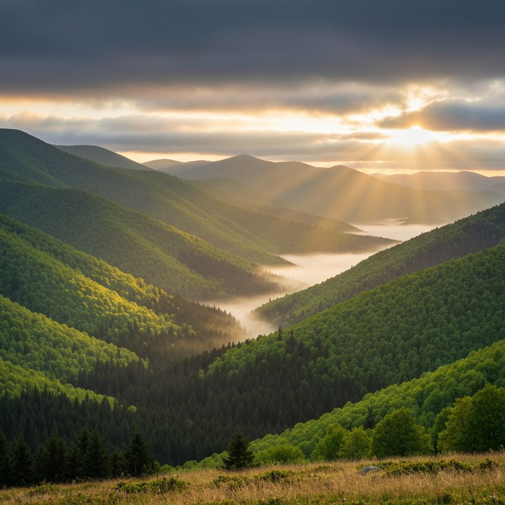Sunrise over green mountains symbolizing natural renewal
